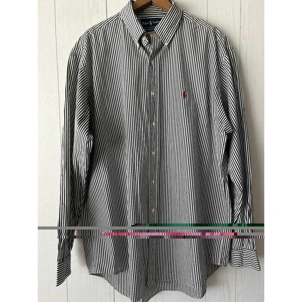 Vintage Ralph Lauren Classic Fit Shirt Mens 16.5 L Black White Stripe Red Pony